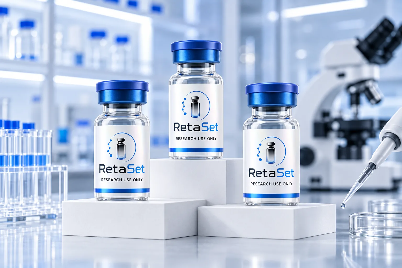 RetaSet research peptide vials arranged on white laboratory display plinths