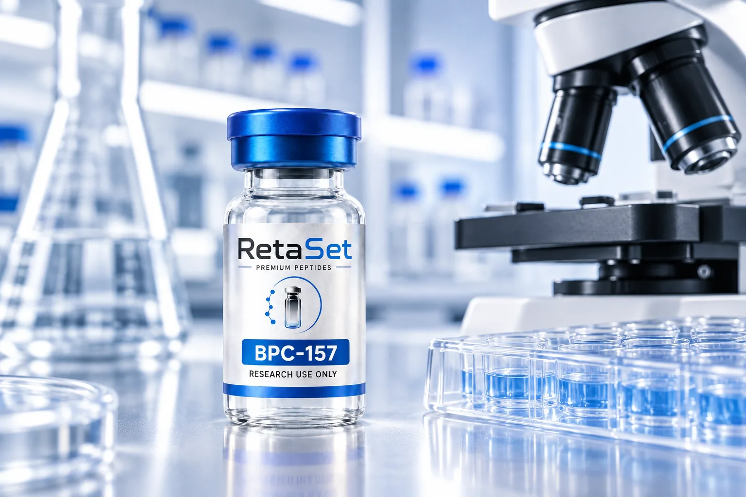 RetaSet BPC-157 research vial beside a microscope and cell culture plate