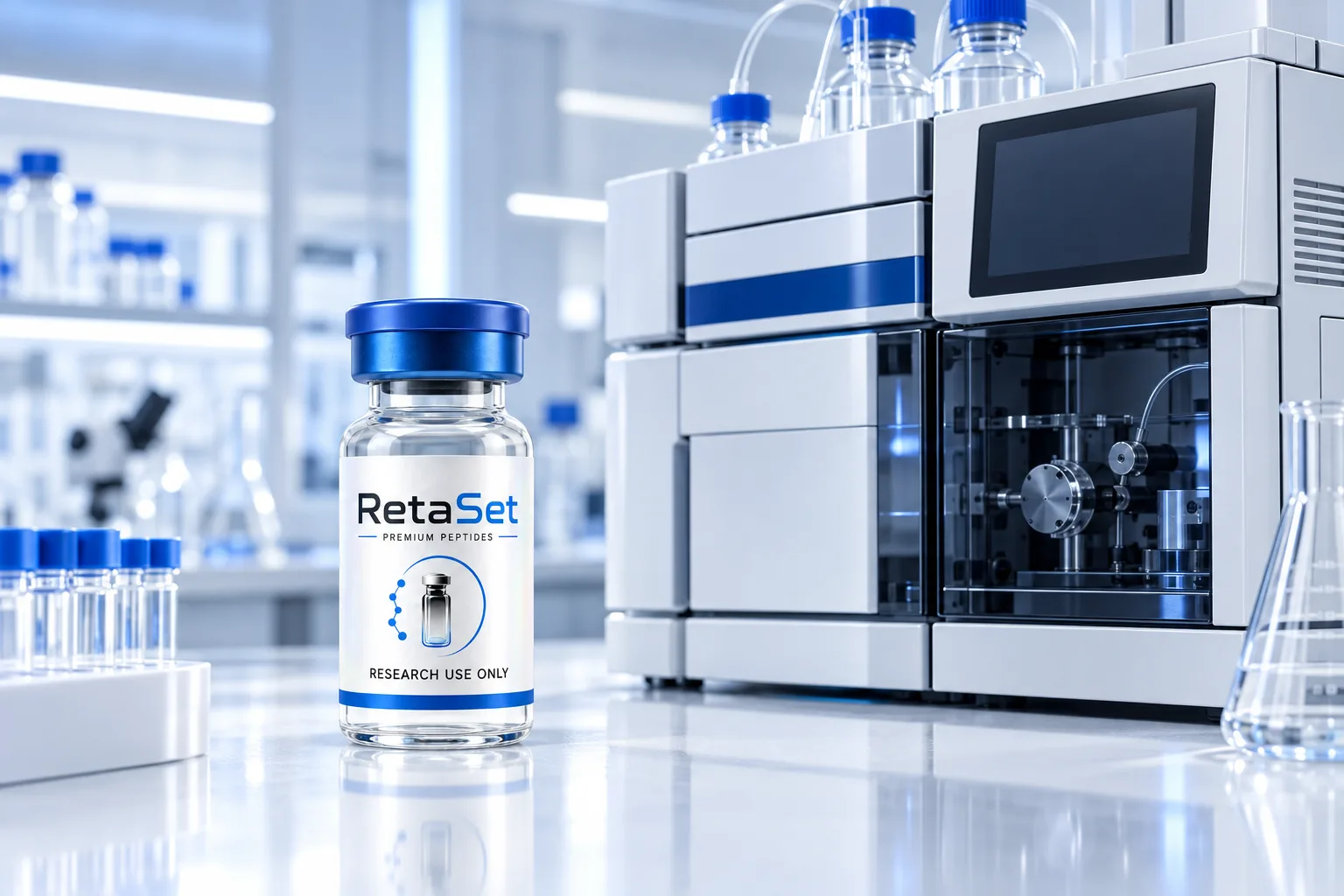 RetaSet research vial beside a liquid chromatography instrument