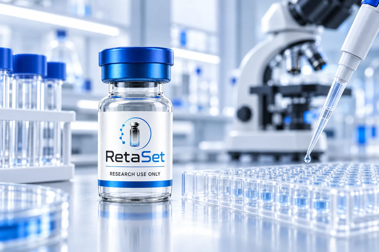 RetaSet research vial with a precision pipette and microplate