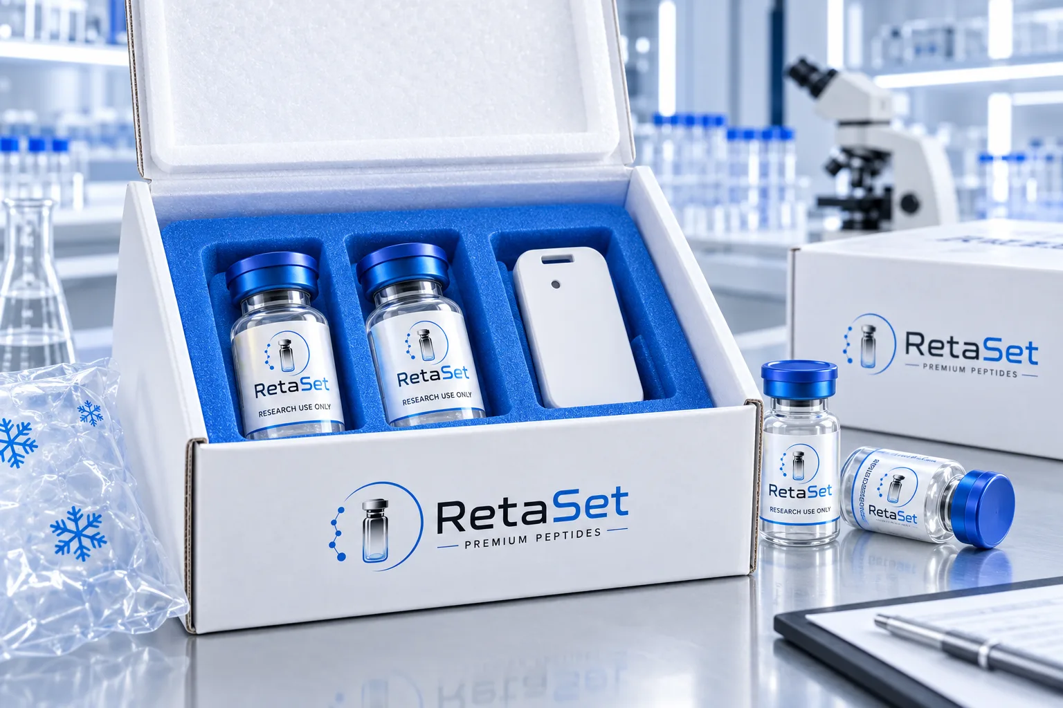 RetaSet research vials in an insulated shipping box with a temperature logger