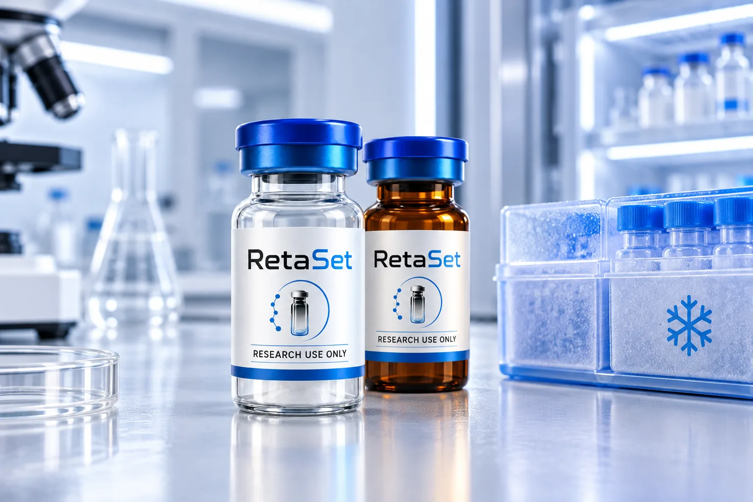 RetaSet research vials beside an amber vial and cold sample rack
