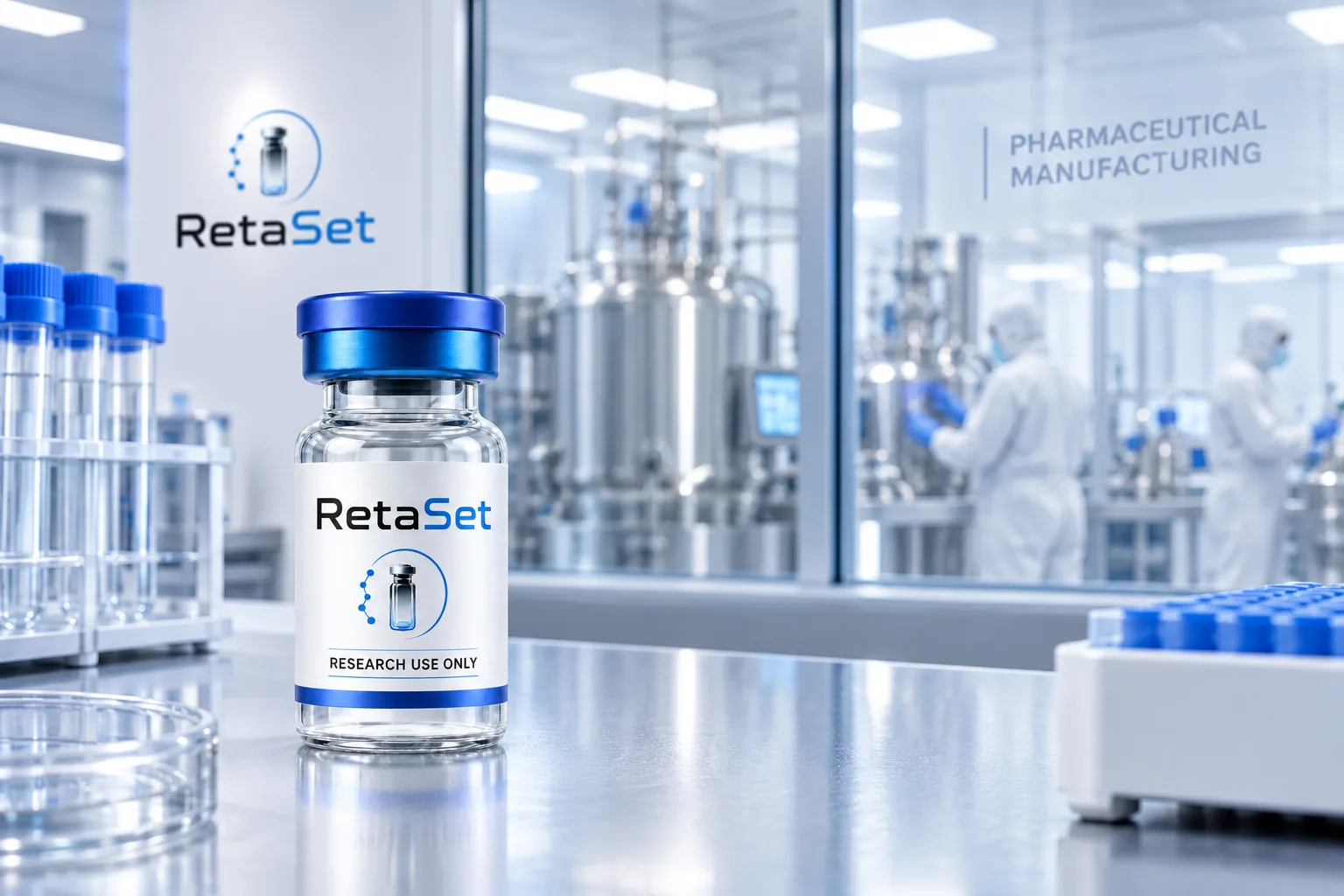 RetaSet research vial in a laboratory with manufacturing equipment in the background