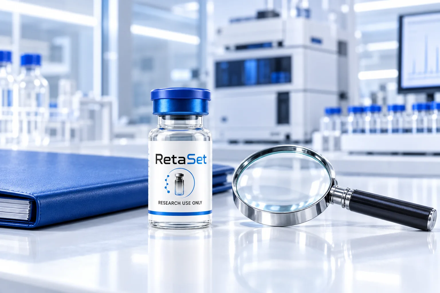 RetaSet research vial beside a magnifying glass and document folder